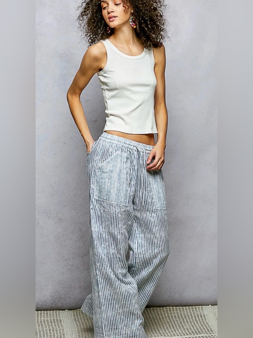 POL Light Blue Striped Wide-Leg Pants